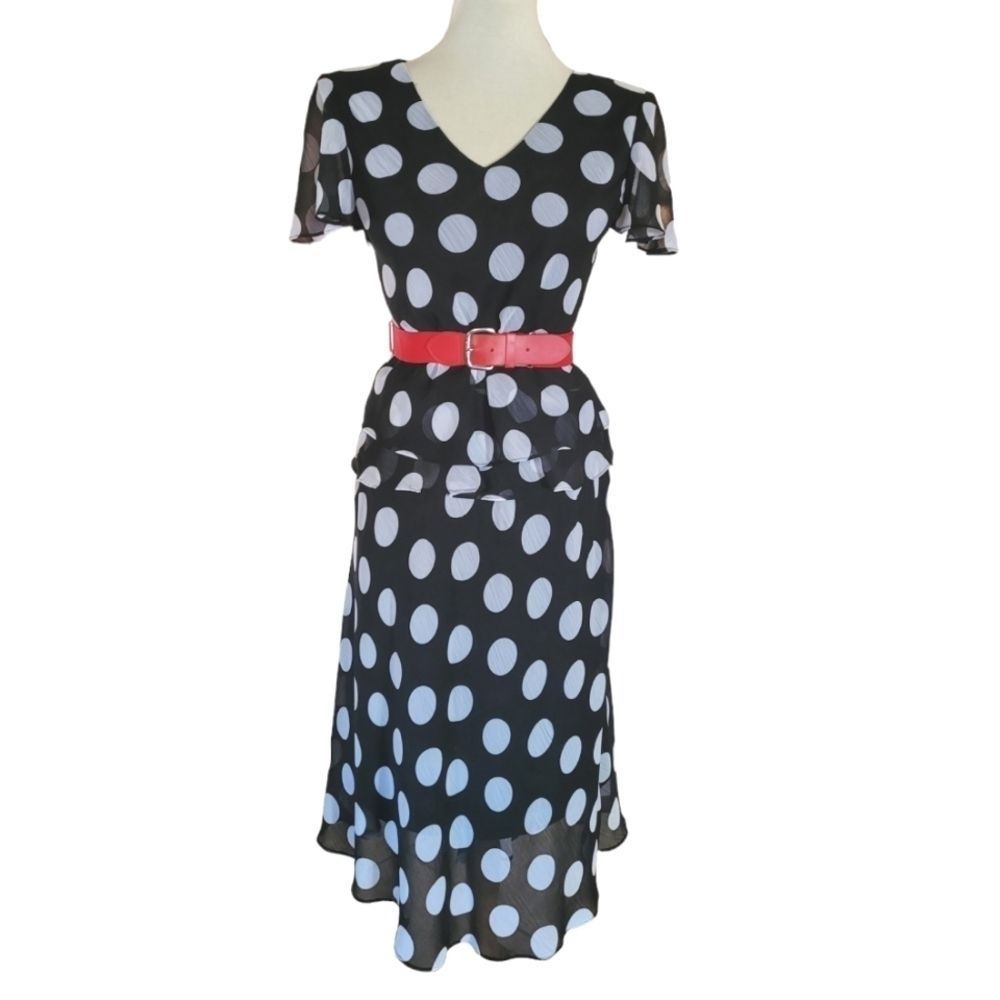Sheri Martin New York Polka Dot 2 Piece Peplum Top & Tiered Midi Skirt Set 6 - Picture 3 of 7